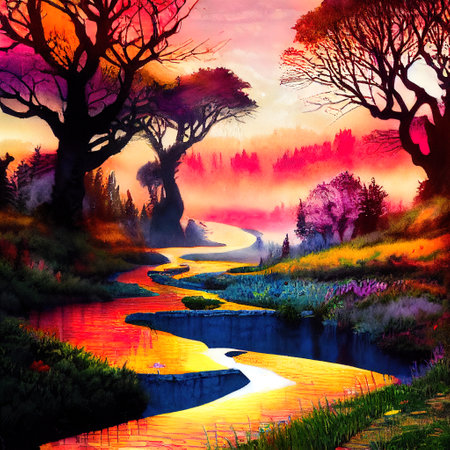 Beautiful Colorful Countryside and Cottage Illustrationの素材