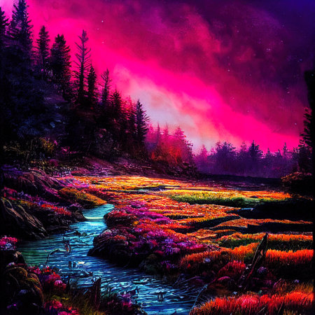 Beautiful Colorful Countryside and Cottage Illustrationの素材