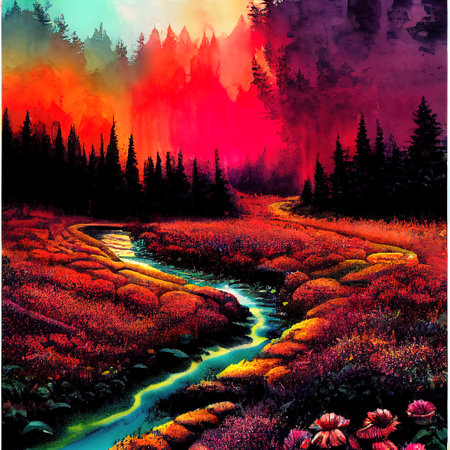 Beautiful Colorful Countryside and Cottage Illustrationの素材
