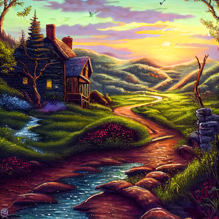 Beautiful Colorful Countryside and Cottage Illustrationの素材