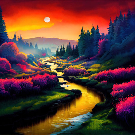 Beautiful Colorful Countryside and Cottage Illustrationの素材