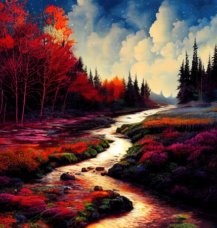 Beautiful Colorful Countryside and Cottage Illustrationの素材