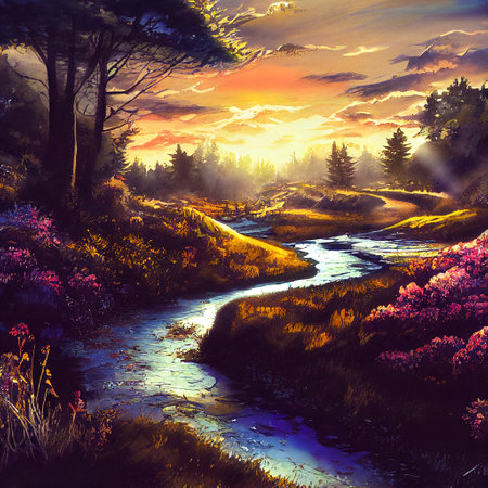 Beautiful Colorful Countryside and Cottage Illustrationの素材
