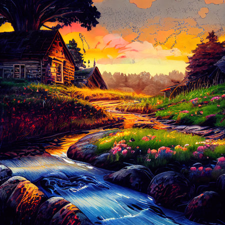 Beautiful Colorful Countryside and Cottage Illustrationの素材