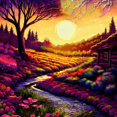 Beautiful Colorful Countryside and Cottage Illustrationの素材