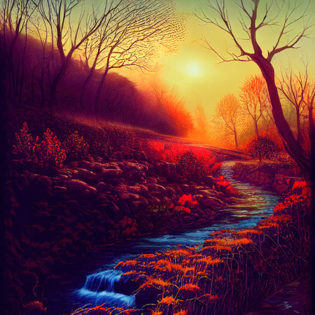 Beautiful Colorful Countryside and Cottage Illustrationの素材