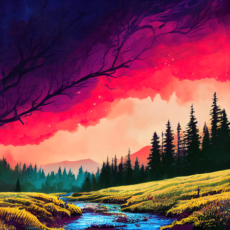 Beautiful Colorful Countryside and Cottage Illustrationの素材