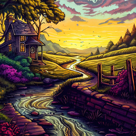 Beautiful Colorful Countryside and Cottage Illustrationの素材