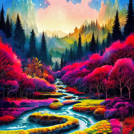 Beautiful Colorful Countryside and Cottage Illustrationの素材