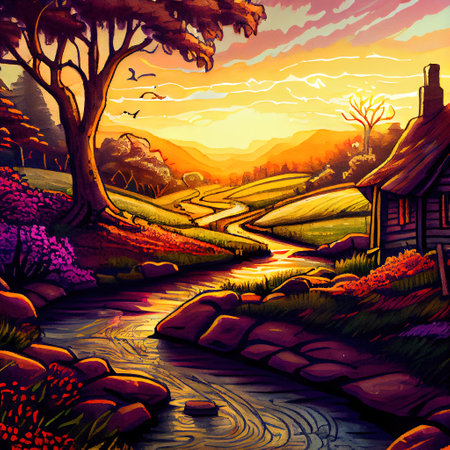 Beautiful Colorful Countryside and Cottage Illustrationの素材