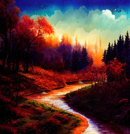 Beautiful Colorful Countryside and Cottage Illustrationの素材