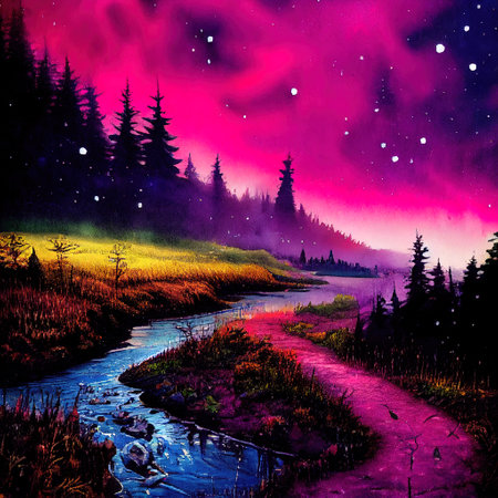 Beautiful Colorful Countryside and Cottage Illustrationの素材