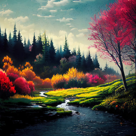 Beautiful Colorful Countryside and Cottage Illustrationの素材