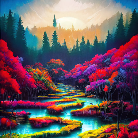 Beautiful Colorful Countryside and Cottage Illustrationの素材