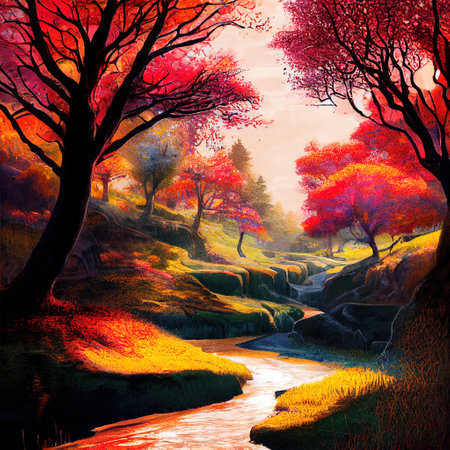Beautiful Colorful Countryside and Cottage Illustrationの素材