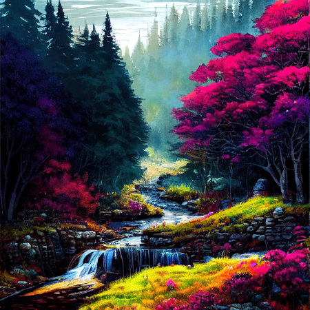 Beautiful Colorful Countryside and Cottage Illustrationの素材