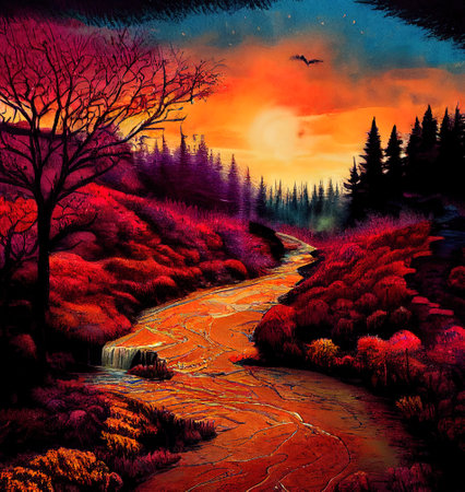 Beautiful Colorful Countryside and Cottage Illustrationの素材