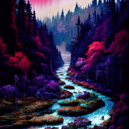 Beautiful Colorful Countryside and Cottage Illustrationの素材
