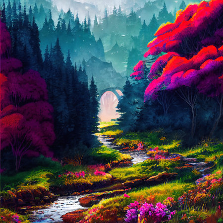 Beautiful Colorful Countryside and Cottage Illustrationの素材