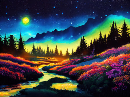 Beautiful Colorful Countryside and Cottage Illustrationの素材
