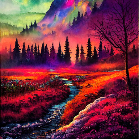 Beautiful Colorful Countryside and Cottage Illustrationの素材
