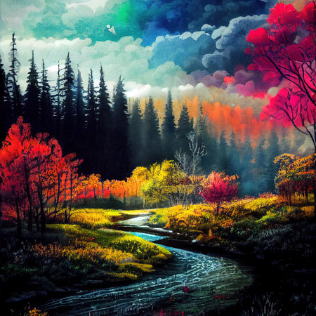 Beautiful Colorful Countryside and Cottage Illustrationの素材