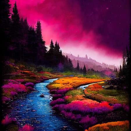Beautiful Colorful Countryside and Cottage Illustrationの素材