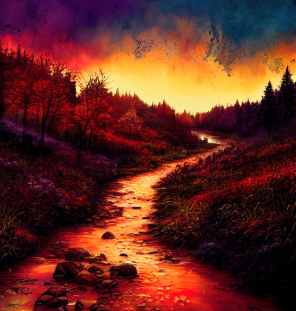 Beautiful Colorful Countryside and Cottage Illustrationの素材