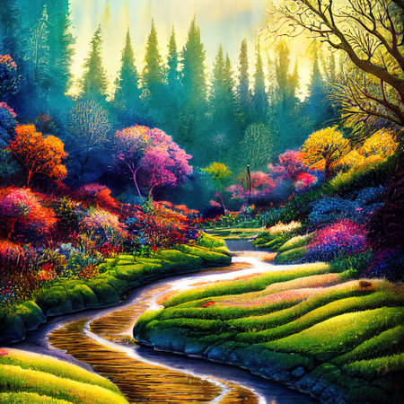 Beautiful Colorful Countryside and Cottage Illustrationの素材