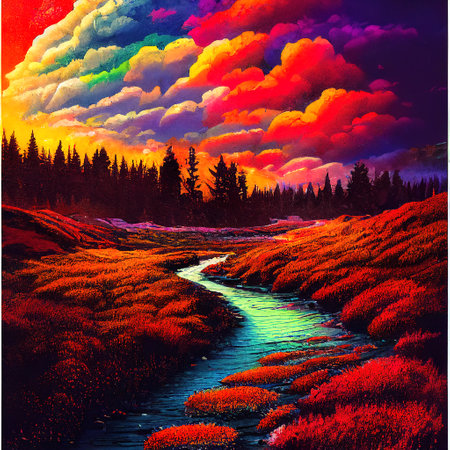 Beautiful Colorful Countryside and Cottage Illustrationの素材