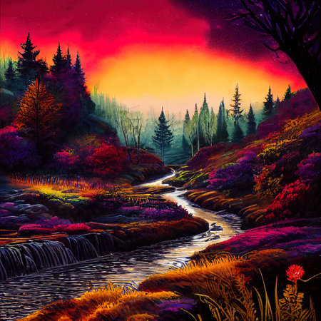 Beautiful Colorful Countryside and Cottage Illustrationの素材