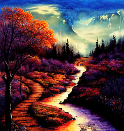 Beautiful Colorful Countryside and Cottage Illustrationの素材