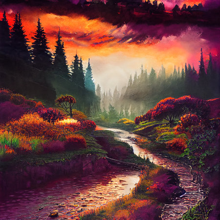 Beautiful Colorful Countryside and Cottage Illustrationの素材