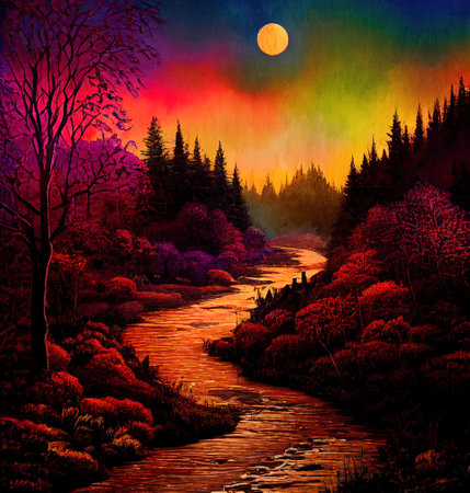 Beautiful Colorful Countryside and Cottage Illustrationの素材