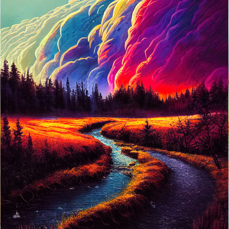 Beautiful Colorful Countryside and Cottage Illustrationの素材