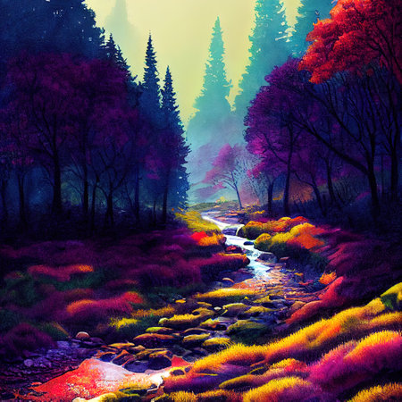 Beautiful Colorful Countryside and Cottage Illustrationの素材