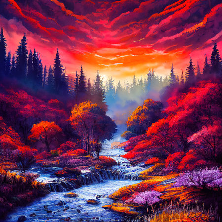 Beautiful Colorful Countryside and Cottage Illustrationの素材