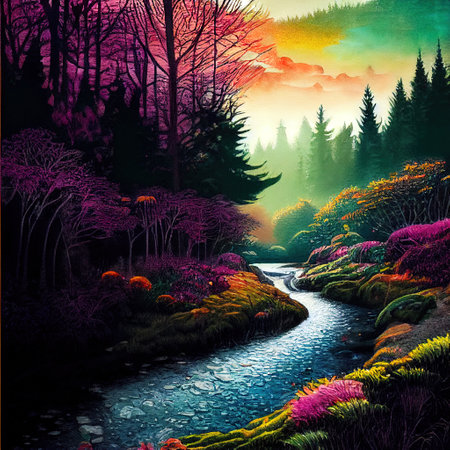 Beautiful Colorful Countryside and Cottage Illustrationの素材