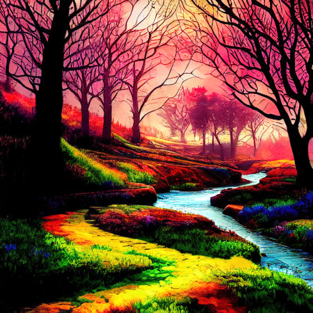 Beautiful Colorful Countryside and Cottage Illustrationの素材