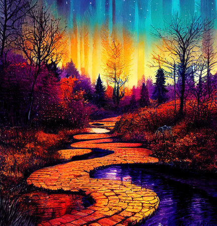 Beautiful Colorful Countryside and Cottage Illustrationの素材