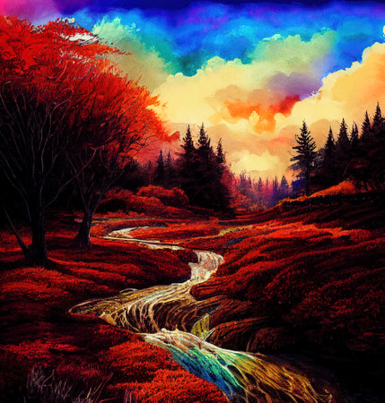 Beautiful Colorful Countryside and Cottage Illustrationの素材