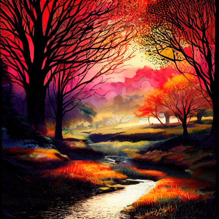 Beautiful Colorful Countryside and Cottage Illustrationの素材