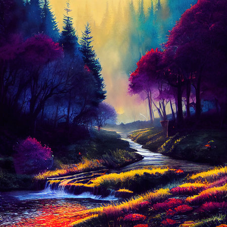 Beautiful Colorful Countryside and Cottage Illustrationの素材