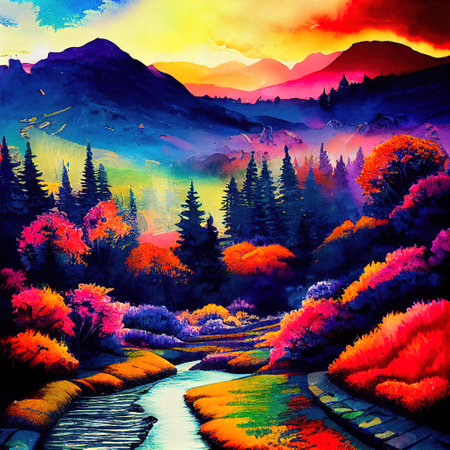 Beautiful Colorful Countryside and Cottage Illustrationの素材
