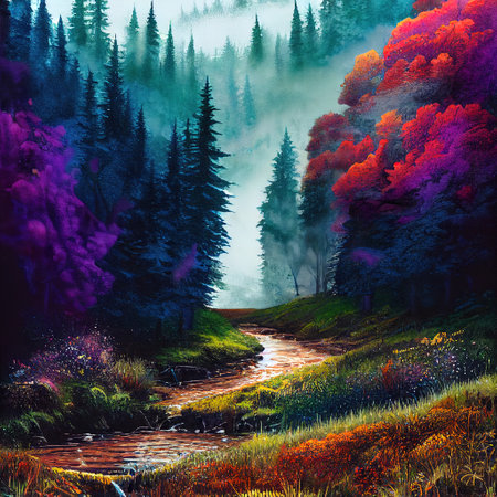 Beautiful Colorful Countryside and Cottage Illustrationの素材
