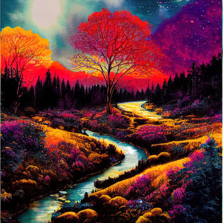 Beautiful Colorful Countryside and Cottage Illustrationの素材