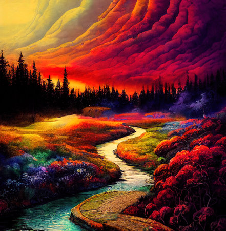 Beautiful Colorful Countryside and Cottage Illustrationの素材