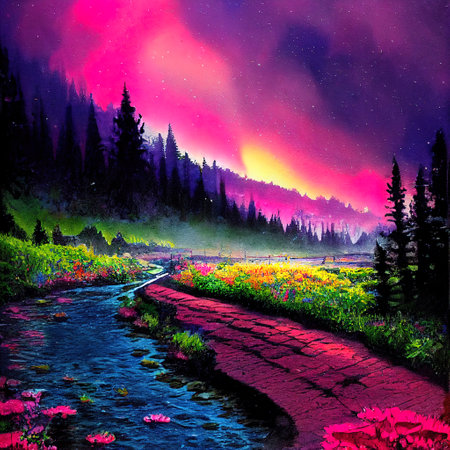 Beautiful Colorful Countryside and Cottage Illustrationの素材