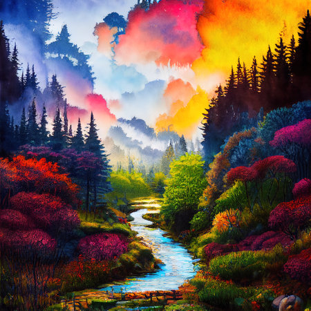 Beautiful Colorful Countryside and Cottage Illustrationの素材