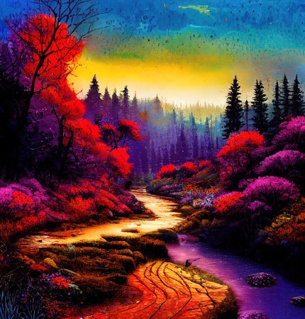 Beautiful Colorful Countryside and Cottage Illustrationの素材